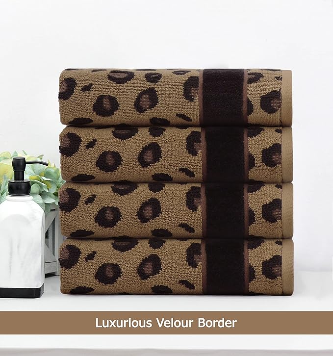 COTTON CRAFT Hand Towels - Set of 4 Animal Print Cheetah Leopard Africa Safari Decorative Hand Towel - 100% Cotton Jacquard Luxury Guest Towel - Soft Quick Dry Absorbent Bathroom Face Towel - 16 x 28