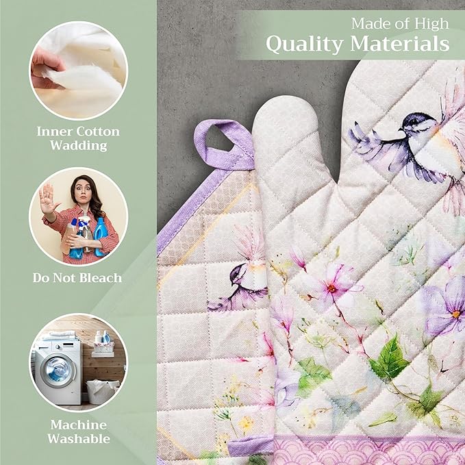 Maison d' Hermine 100% Cotton Oven Mitt & Pot Holder Set (7.5"x13" & 8"x8") Heat Resistant BBQ Cooking Gloves with Loop Grilling Kitchen Gifts for Mothers Day Spring/Summer (Magnolia Mornings)