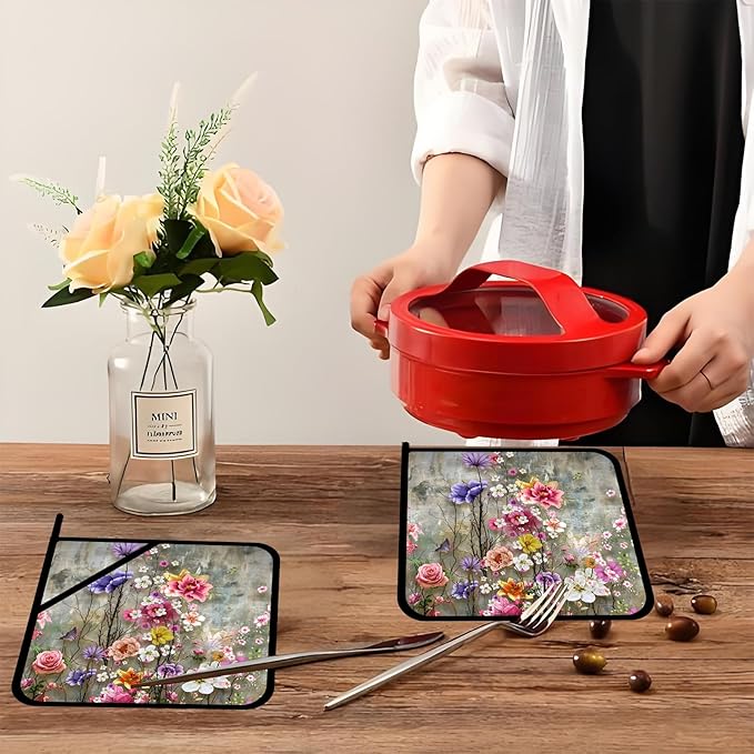 Vintage Watercolor Rose Flowers Pot Holders Set of 2,Kitchen Heat Resistant Potholder for Microwave Cooking Baking Oven and BBQ