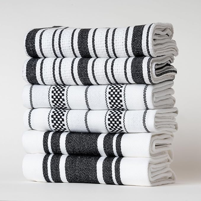 Kitchen Towels Set – Pack of 6 (20’’ x 30’’) Extra Large Premium Cotton Dish Towels for Kitchen – Absorbent – 100% Cotton – with Hanging Loop – Black Multi Design Striped
