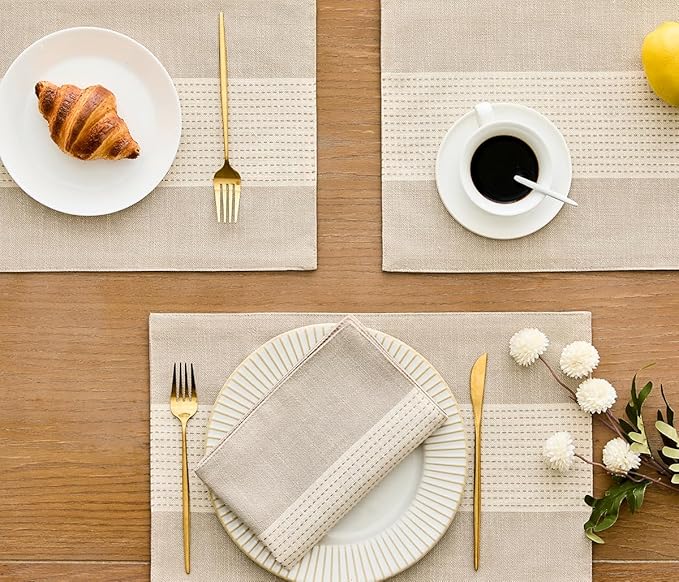 Wracra Linen Placemats, 12 x 18 Inch Set of 6 Placemats, Farmhouse Macrame Place Mats for Kitchen Table and Heat Resistant-Hemstitch Light Coffee 6PCS
