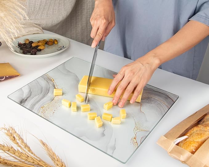 Kitchenville Glass Cutting Board 16"x12": Tempered Glass Kitchen Counter Protector - Durable- Scratch-Resistant, Heat-Proof - Design 7 - White & Gold
