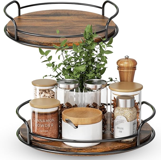LAMU 2 Pack 9'' 11'' Lazy Susan Turntable Organizer for Table Top Cabinet, Wooden Lazy Susan for Kitchen, Pantry, Countertop, Bathroom Vanity, Spice Organization, Wood Decor