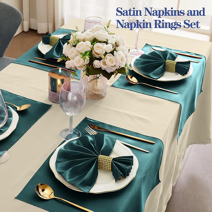 RUDONG M 100 Pcs Dark Green Satin Napkins and Napkin Rings Set, 17 x 17 Inch Square Cloth Napkins Set of 50, Silky Soft Table Napkins Bulk for Weddings, Banquet, Parties Dinner Decoration