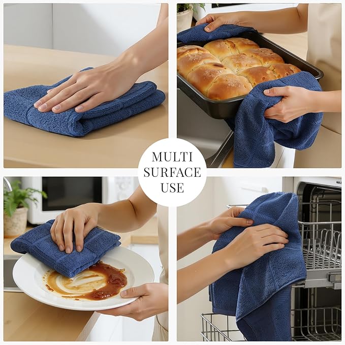 Homaxy Premium Kitchen Towels 18"x28", 8 Pack Large Cotton 380 GSM Dish Towels, Soft and Absorbent Kitchen Hand Towels with Terry Grid Design, Utility Tea Towel Set with Hanging Loop, Navy Blue