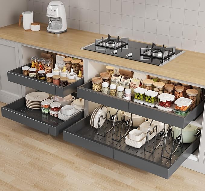 Seinloes 4 Pack Pull out Cabinet Organizer 21" Deep With Raising Pad for Framed Cabinets,Expandable (15.2"-26.3"W) Slide out Drawers for Kitchen Cabinets with 4pcs Divider Racks,Roll out Shelves,Black