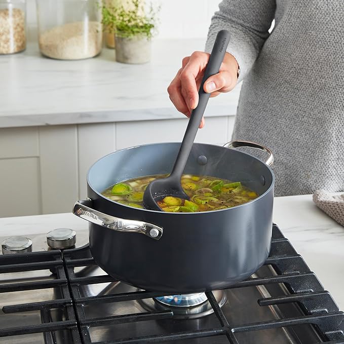 GreenPan Silicone Ladle, Soup Mixing Stirring Serving, Cooking Kitchen Utensil, Flexible Rubber Nonstick Cookware, Rigid Steel Core, Heat-Resistant, Anti-Slip Handle, BPA-Free, Dishwasher Safe, Gray
