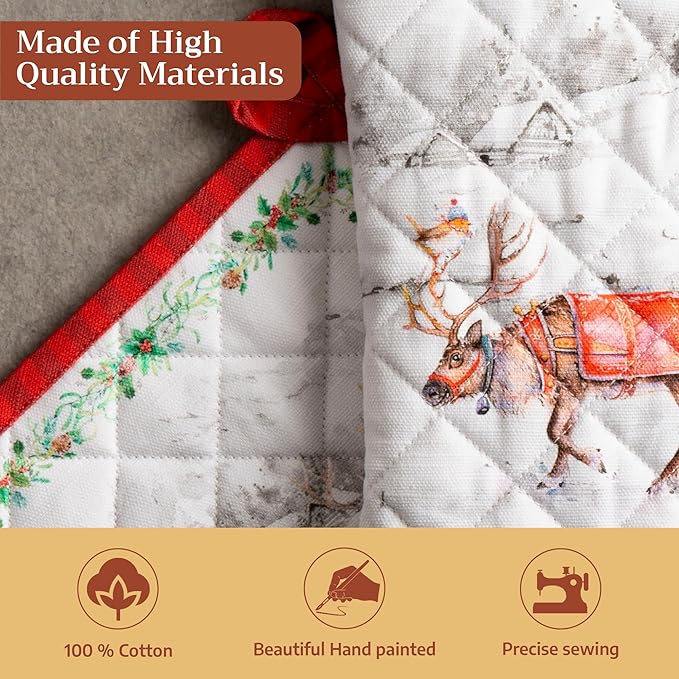 Maison d' Hermine 100% Cotton Oven Mitt & Pot Holder Set (7.5"x13" & 8"x8") Heat Resistant BBQ Cooking Gloves with Loop for Thanksgiving Christmas Decorations Handling Hot Pans (Christmas Tradition)