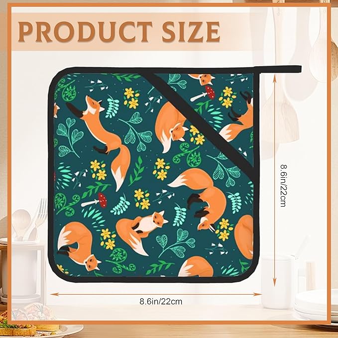 Cute Foxes Pot Holders Set of 2 Heat Resistant Potholders,Mushrooms Fire Oven Hot Pads for Kitchen Cooking Baking Barbecue