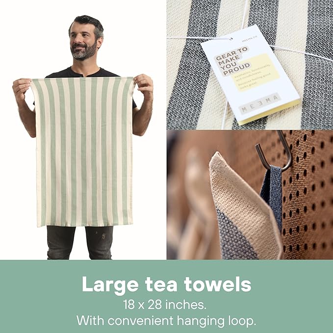 MEEMA Upcycled Spring Kitchen Towels Cotton Fabric | Super Absorbent Hand Towels with Hanging Loop | Cleaning Rags and Dish Towels for Kitchen | Sage Green Stripes | Large 18 x 28 Inch | 4-Pack
