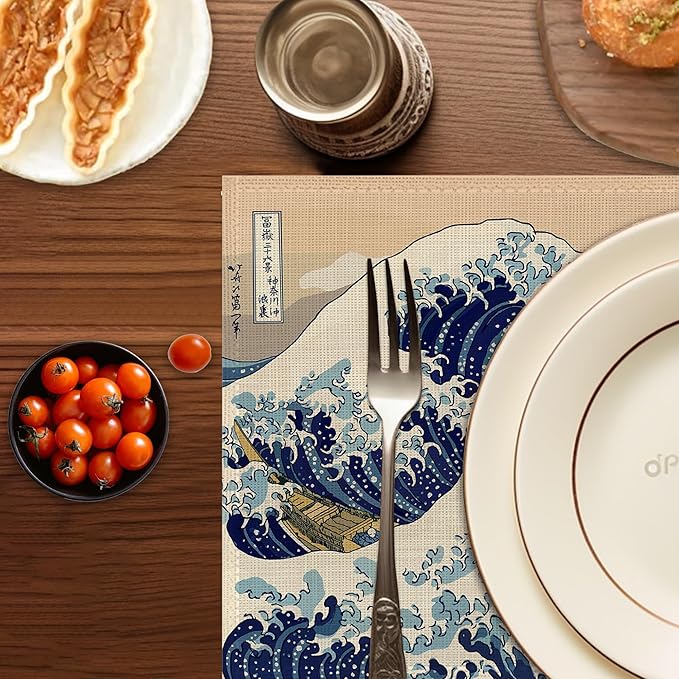 Japanese Style Waves Placemats Set of 6,Washable Heat Resistant 12×18 Inch Linen Table Mats,Place Mats for Party Outdoor Dining Décor