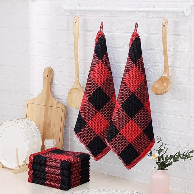 Homaxy 100% Cotton Waffle Weave Check Plaid Dish Cloths, 12 x 12 Inches, Super Soft and Absorbent Dish Towels Quick Drying Dish Rags, 6-Pack, Black & Red