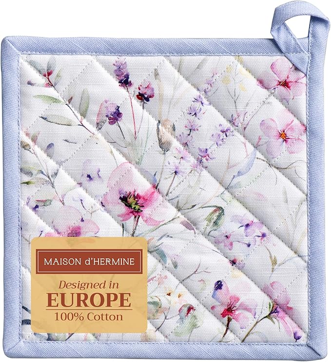 Maison d' Hermine Pot Holders 100% Cotton Heat Resistant Potholders 8" x 8" Hot Pads with Loop BBQ Cooking Baking Gifts for Mothers Day Handling Hot Pans Spring/Summer (Pack of 1, Summer Floral)