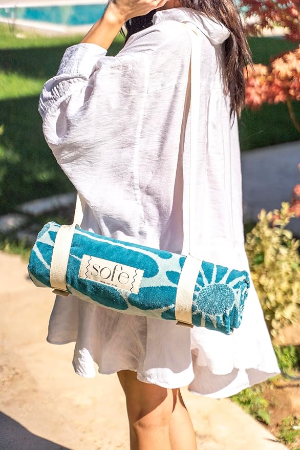 SOFE H&L | LINVIA Foutah Quick Dry Beach Towel Pack of 2 (35” x 70”) Leaves - Mint & Green | Lightweight, Premium, Fade Resistant, Durable | Travel Towel, Turkish Beach Towel with Shoulder Strap