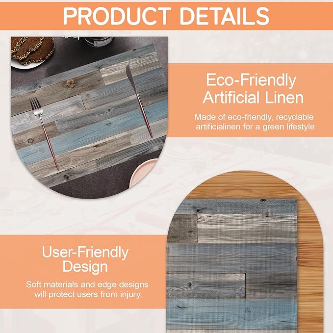 Vintage Barn Wooden Placemats Set of 6,Wood Grain Dinner Table Mats Non-Slip Washable Mats for Kitchen Dinner Party Tablemat 12x18Inch