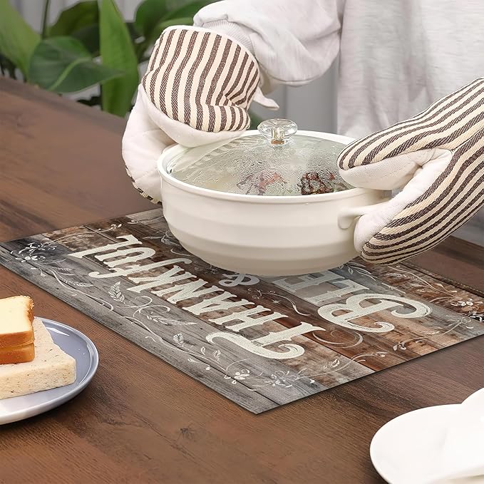 Thankful Blessed Placemats Set of 6,Vintage Wood Board Placemats Washable Kitchen Dining Linen Table Mats Stain Heat-Resistant for Home Party Indoor 12x18 inch