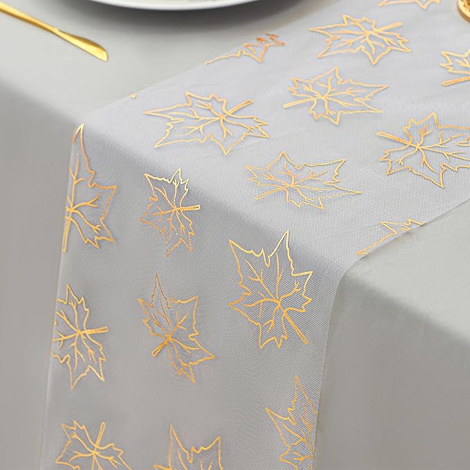 Snowkingdom 2 Pcs Gold Table Runner, Gold Maple Leaves Fall Thanksgiving Table Decorations for Autumn Harvest Sequin Glitter Lightweight White Thin Mesh Sparkle Farmhouse Dining Party Decor 120 Inch