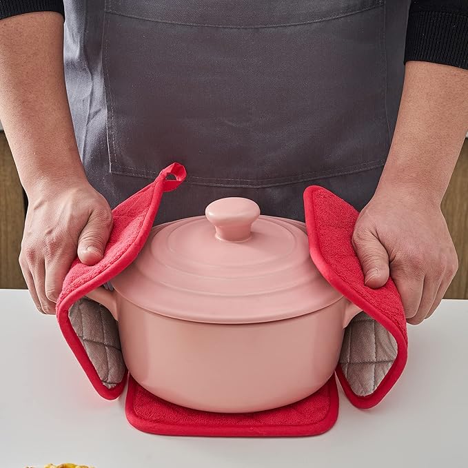 Kitchen Pot Holders Set Heat Resistant Pure Cotton Potholders Kit Trivets Large Coasters Hot Pads Terry Pot Holders for Everyday Cooking and Baking by 7 x 7 Inch Set of 6 Red