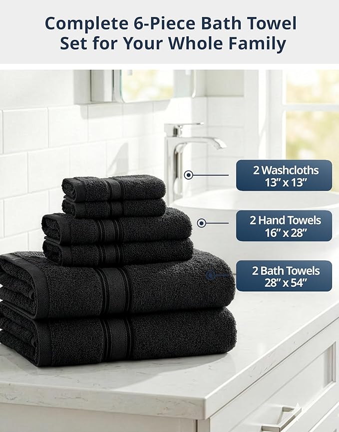 LANE LINEN Luxury Bath Towels Set - 6 Piece Set, 100% Cotton Bathroom Towels, Zero Twist, Quick Dry Shower Towels, Absorbent Bath Towel, Super Soft, 2 Bath Towels, 2 Hand Towels, 2 Wash Cloths - Black