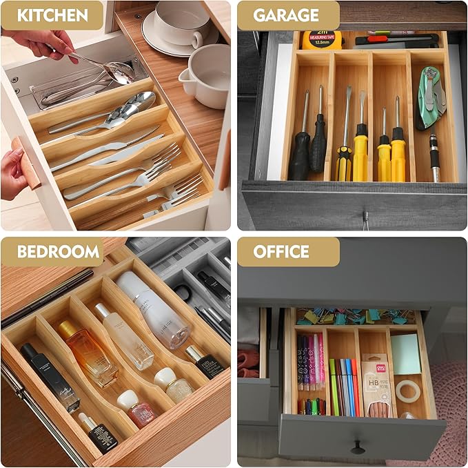 Upassion Bamboo Kitchen Drawer Organizer, 9 Inch Silverware Utensil Holder for Samll Drawer, Narrow Silverware Organizer for Cutlery Knives