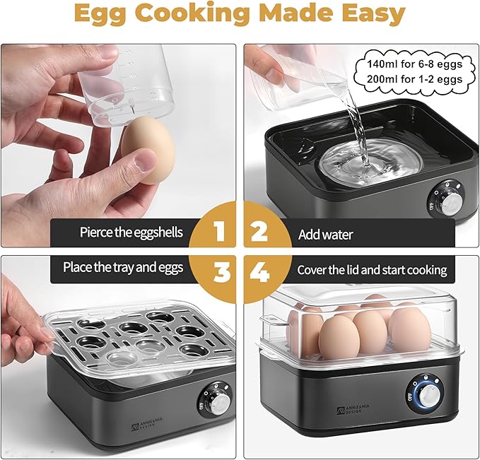 Annie & Mia Design Stainless Steel Electric Rapid Egg Cooker, 8 Egg Capacity 500W, Soft/Medium/Hard Boiled Egg Boiler Poacher Steamer Omelet Maker, Knob Auto Shut-Off, with Recipe Guide Book (Black)