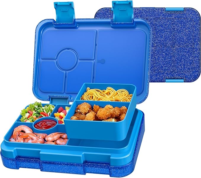 Bento Lunch Box for Kids, 6 Compartments BPA Free, Dishwasher Safe Back to School Snack Bento Lunch Containers Boxes, Ideal Portion Sizes for On-the-Go Meal, Shiny Blue