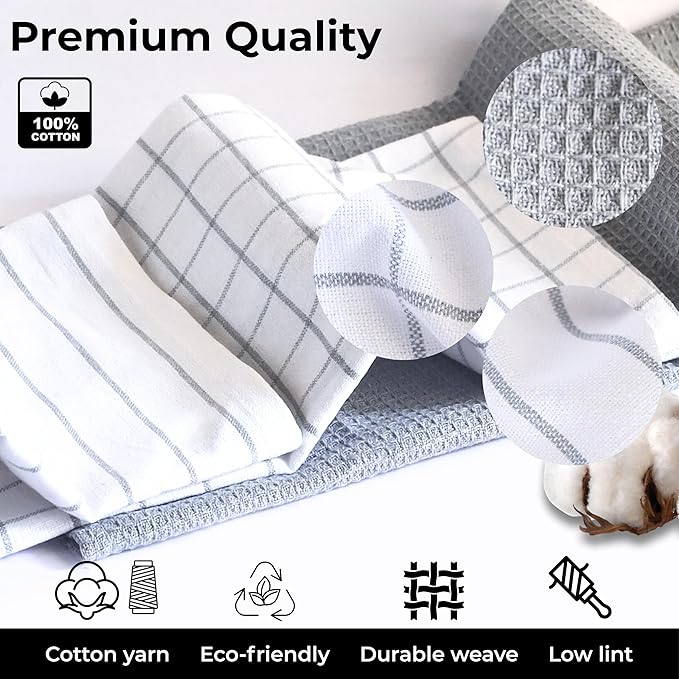 Cotton Dish Towels For Kitchen Drying - Highly Absorbent Wide Light Gray Striped Plaid Tea Towels - 18"X28" Set Of 6 Farmhouse Linen Dishtowels In Bulk - Pano De Prato Para Cozinha - T Towles Towls