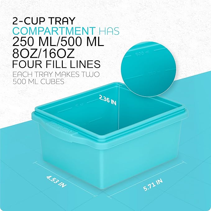 Xomoo 2 Cup Silicone Freezer Trays with Lids, Silicone Soup Freezer Molds - Leakproof, BPA-Free, Stackable, Microwave & Dishwasher Safe, Perfect for Soups, Sauces, Meal Prep, and Baked Goods - 4 Pack