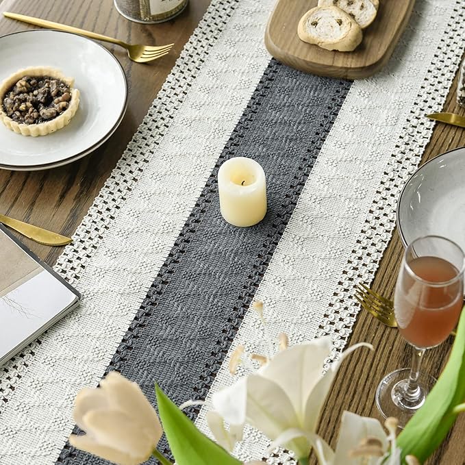 Artoid Mode Dark Grey Farmhouse Rustic Table Runner, Seasonal Holiday Hollow Kitchen Dining Table Decoration for Home Party Decor 12x48 Inch