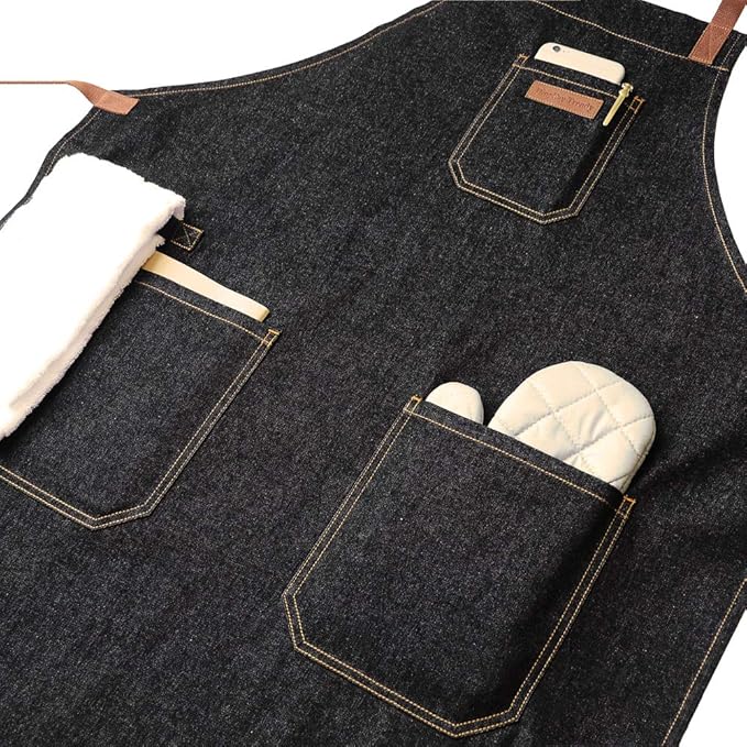 Denim Chef Apron with Pockets, Mens Womens Professional Kitchen Bib Black Apron for Cooking Grill BBQ Server, with Towel Loop and Adjustable Neck Straps