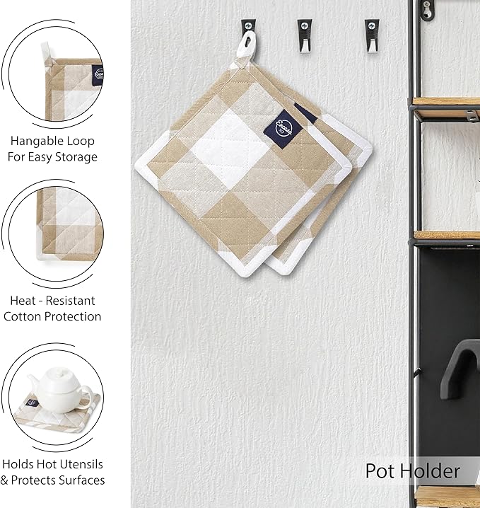 Encasa XO Kitchen Towels and Dishcloths Sets | 21 Pc Apartment Essentials Set | Oven Mitts and Pot Holders with Hanging Loop | Cooking Apron, Dish Cloth, Flour Sack and Coasters Beige Combo
