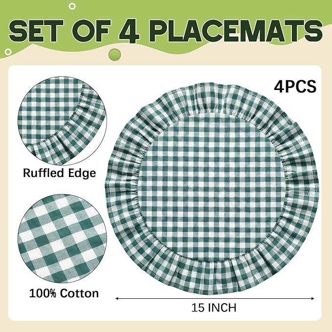 4 Pcs 15 Inch 100% Cotton Scalloped Round Placemats, Thin Dark Green Gingham Place Mats with Ruffle, Washable Placemats Table Mats for Kitchen Dining Holiday Gatherings Decor