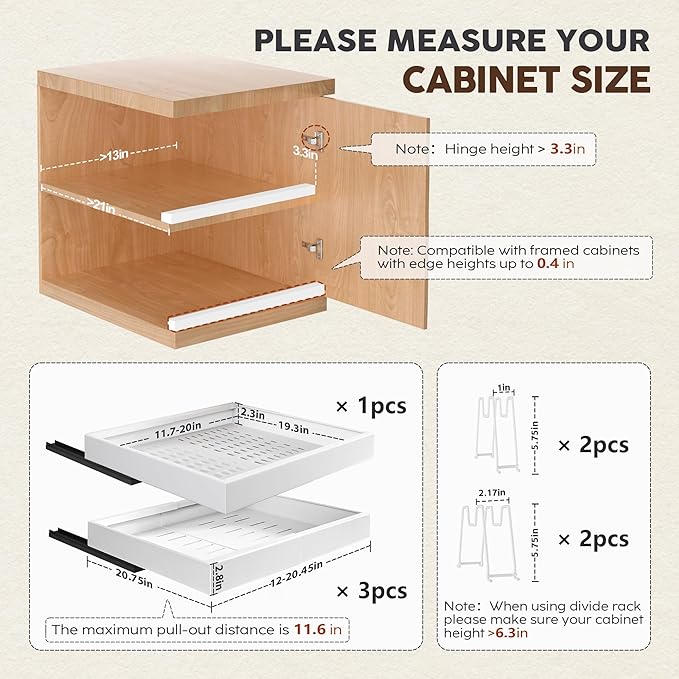 Seinloes 4Pack Expandable Pull Out Cabinet Organizer 21"Deep with Raising Pad for Framed Cabinets,Slide Out Drawers with 4pcs Divider Racks,Roll Out Shelves Adhesive,Adjustable Width 12.05"-20.4"White