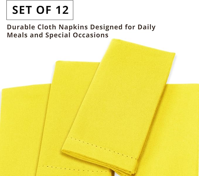 PurpleEssences Set of 12 Hemstitch Cloth Dinner Napkins 100% Cotton - Soft Durable Washable - Ideal for Wedding Spring Easter Summer - Perfect Everyday Use Table Linen 18x18 - Yellow