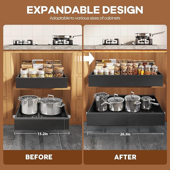 Seinloes 2 Pack Expandable Pull Out Cabinet Organizer 21"Deep With Raising Pad for Framed Cabinets,Upgrade 3 Slide Rails Slide Out Drawers,Roll Out Shelves Adhesive,Adjustable Width 15.15"-26.3" Black