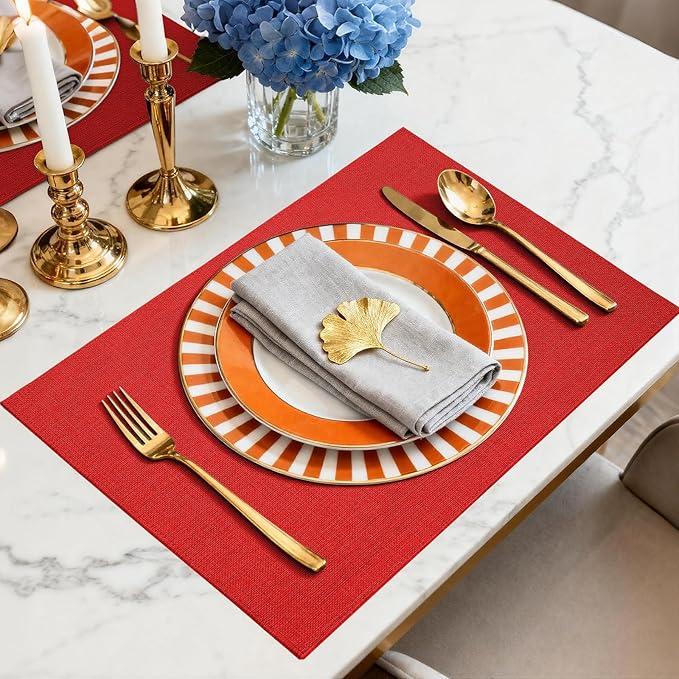 Placemats Set of 6 Linen Type Fabric Cloth Placemats, 18x12 Inch Double Layered Thick Wrinkle Free Heat Resistant Table Place, for Dining, Kitchen, Party (45 * 30cm, Red)