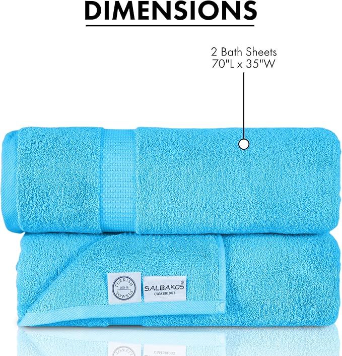 SALBAKOS 100% Turkish Cotton Bath Sheet Towels Set of 2-Piece Aqua | 35x70 in Extra Large Bath Towels | Premium Hotel Quality, Thick, Soft, Super Absorbent Oversized Bath Towel (Aqua, 2 Bath Sheets)