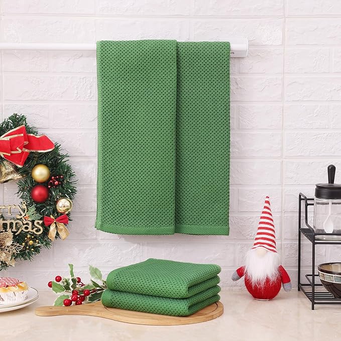 Kitinjoy 100% Cotton Waffle Weave Kitchen Hand Towels (13 X 28 Inches, Grass Green), 6-Pack Super Soft and Absorbent Dish Towel for Drying Dishes