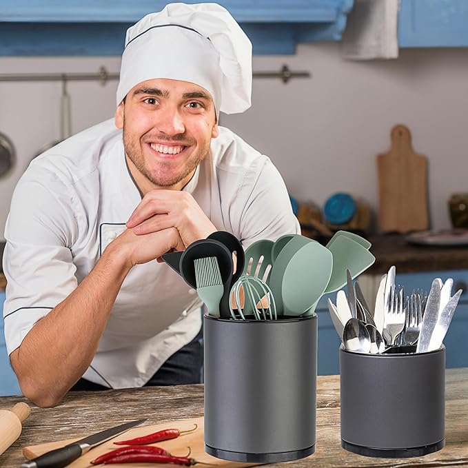 LIBODOUR Kitchen Utensil Holder Extra Large Rotating For Counter Organizer Stainless Steel Storage Cooking Silverware Caddy 3 Compartment Flatware Spoon Spatula Tool Cutlery Container（2 Set Grey）