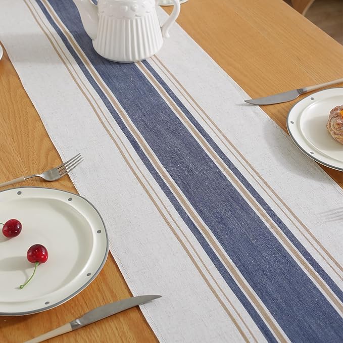 Niviy Blue Table Runner 36 Inches Long with Tassels, Seasonal Summer Washable Embroidered Striped Braided Blue and White Boho Table Runners for Holiday Party 12 x 36 Inches