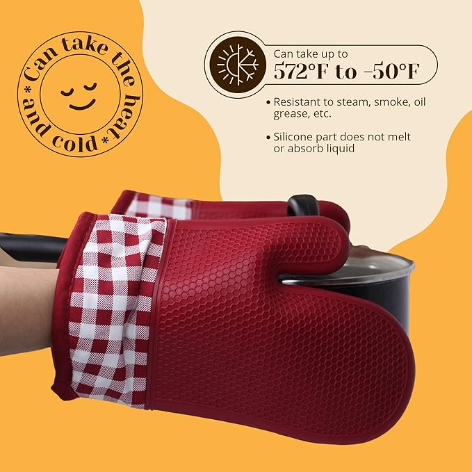 Amruta Pair of Silicone Shell Oven Mitts, 2 Pieces Heavy Duty Baking Kitchen Mitts for BBQ Microwave Stove, Heat-Resistant up to 500F, Oven Glove with Silicone Textured Grip (11 x 7 in, Red)