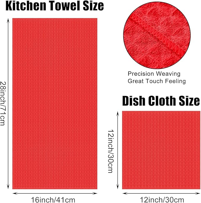 Homaxy Microfiber Waffle Weave Kitchen Towels Set, 16 x 28 Inch and 12 x 12 Inch Ultra Absorbent and Solid Color Dish Towels, 12 Pack, Red