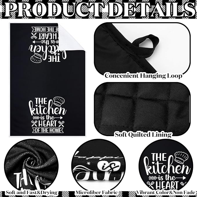 Sratte 6 Pcs Kitchen Decor Accessories Set Farmhouse Towels Pot Holders Oven Mitts Set 2 Dish Towels 2 Potholders 2 Cooking Mittens Oven Glove for Christmas Baking Cooking Supply(Black,Kitchen)