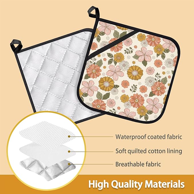 Retro Boho Groovy Flower Pot Holder Set of 2,Heat Resistant Potholders Oven Hot Pads for Kitchen Cooking Baking BBQ
