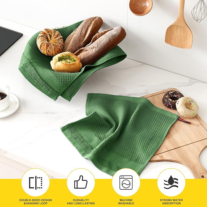 Homaxy Kitchen Towels and Dishcloths Set, 12 x 12 and 13 x 28 Inches, Set of 10 100% Cotton Waffle Weave Kitchen Towels, Super Soft and Absorbent Dish Cloths, Grass Green