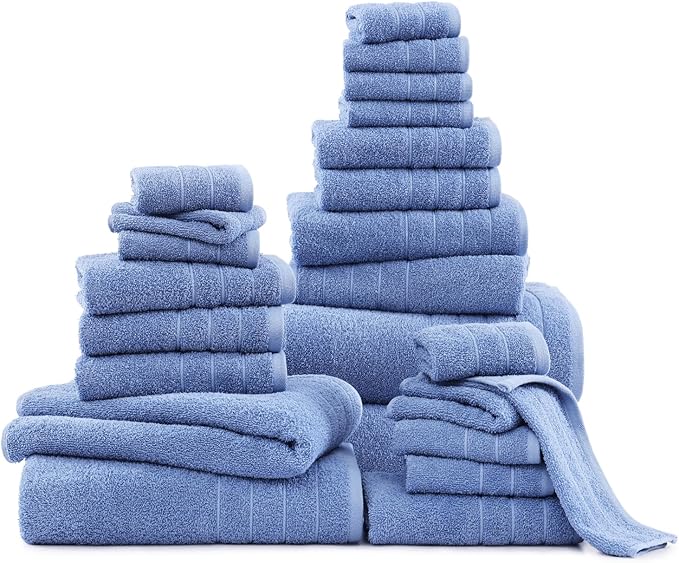 Casa Platino 100% Cotton Bathroom Towels Set – 24 Pc Family Pack – Soft & Absorbent, Ring Spun, Quick Dry Towels, 2 Bath Sheets, 2 Gym, 2 Bath, 4 Fingertip, 6 Hand, 8 Washcloths – Cerulean Blue
