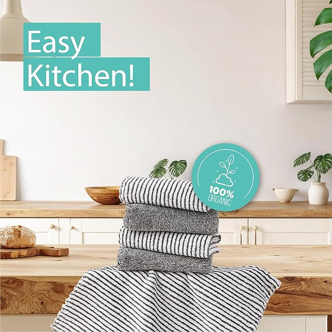 5 Pack Kitchen Towels and Dishcloths Sets, 12 X 12 Inches, Absorbent Dish Towels for Kitchen, Microfiber Cleaning Cloth, Dish Cloths for Washing Dishes (Blackliner)