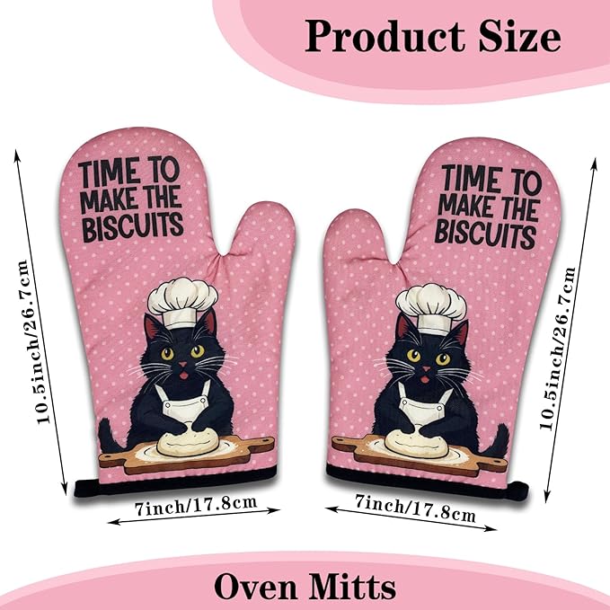 Funny Black Cat Oven Mitts and Pot Holders Set of 3, Time to Make The Biscuits, Heat Resistant Non-Slip Kitchen Mitts Hot Pads, Baking Gifts for Women, Kitchen Gifts for Hostess Bake Lovers