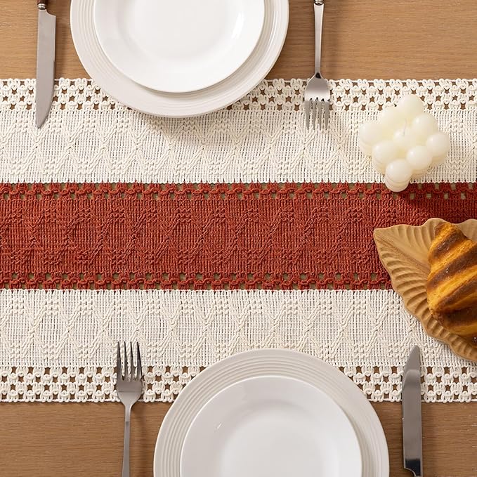 Socomi Boho Table Runner Macrame Easter Spring Farmhouse Woven Cotton Linen Rustic Table Runner with Tassels for Dresser Scarf Home Decor Dining Room 12x90 inch Terracotta Ivory