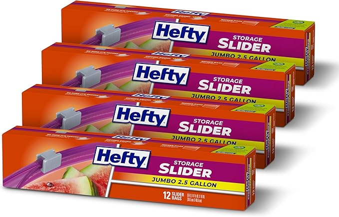 Hefty Slider Jumbo Storage Bags, 2.5 Gallon Size, 12 Count (Pack of 4)